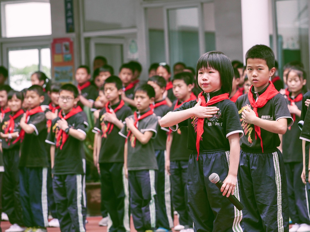 primary school student, school, kid, red scarf, queue, queue, queue, queue, queue, queue
